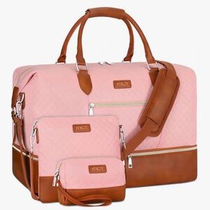 3-Piece Pink Quilted Travel Bag with Brown Accents